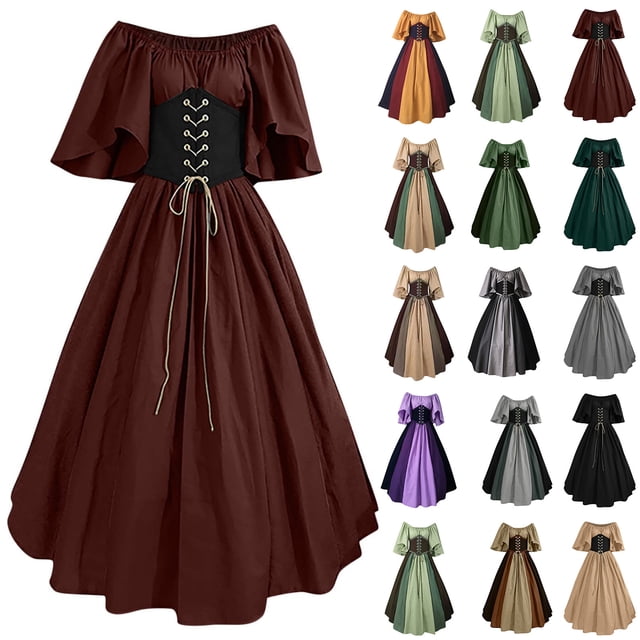 LINMOUA Women's Fashion Retro Collision Slim Flying Sleeve Big Hem Dress One Shoulder Dresses