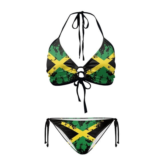 Uourmeti Women's Distressed Jamaica Flag Halter Bikini Set - Sexy Two-Piece Triangle Swimsuit with Tie Side Bottoms for Beach Vacation & Pool Party