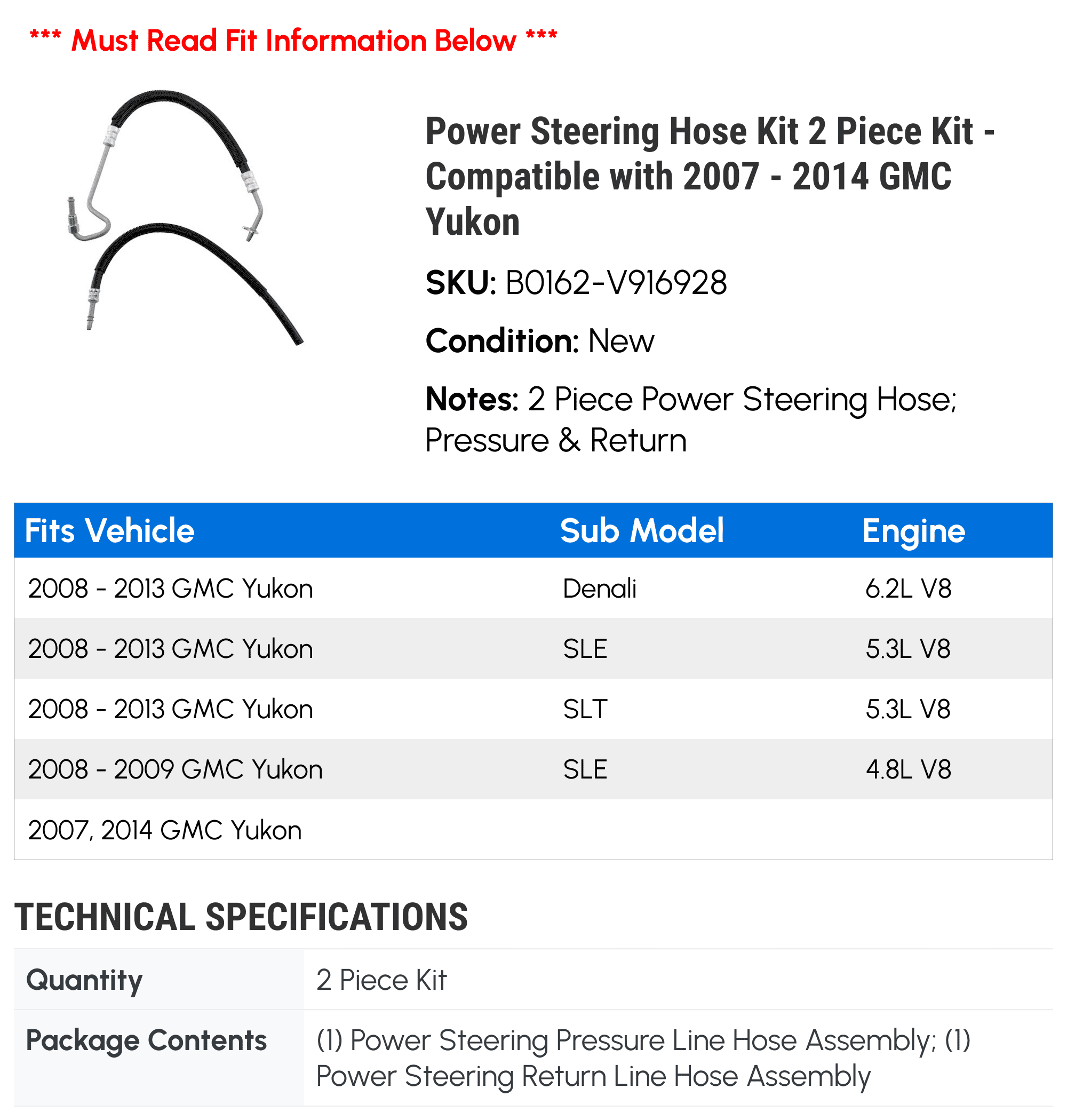 Power Steering Hose Kit 2 Piece Kit - Compatible with 2007 - 2014 GMC Yukon 2008 2009 2010 2011 2012 2013