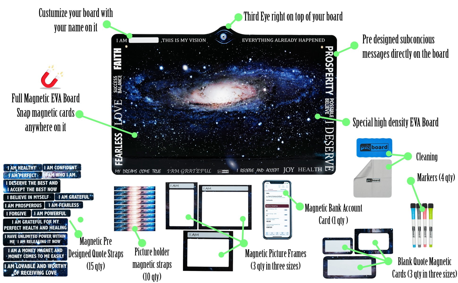 Magnetic Vision Board Kit for Manifestation & Goal Setting – Full Dry Erase Vision Board with Magnetic Frames, Quote Cards & Accessories – Law of Attraction Dreams & Goals Board