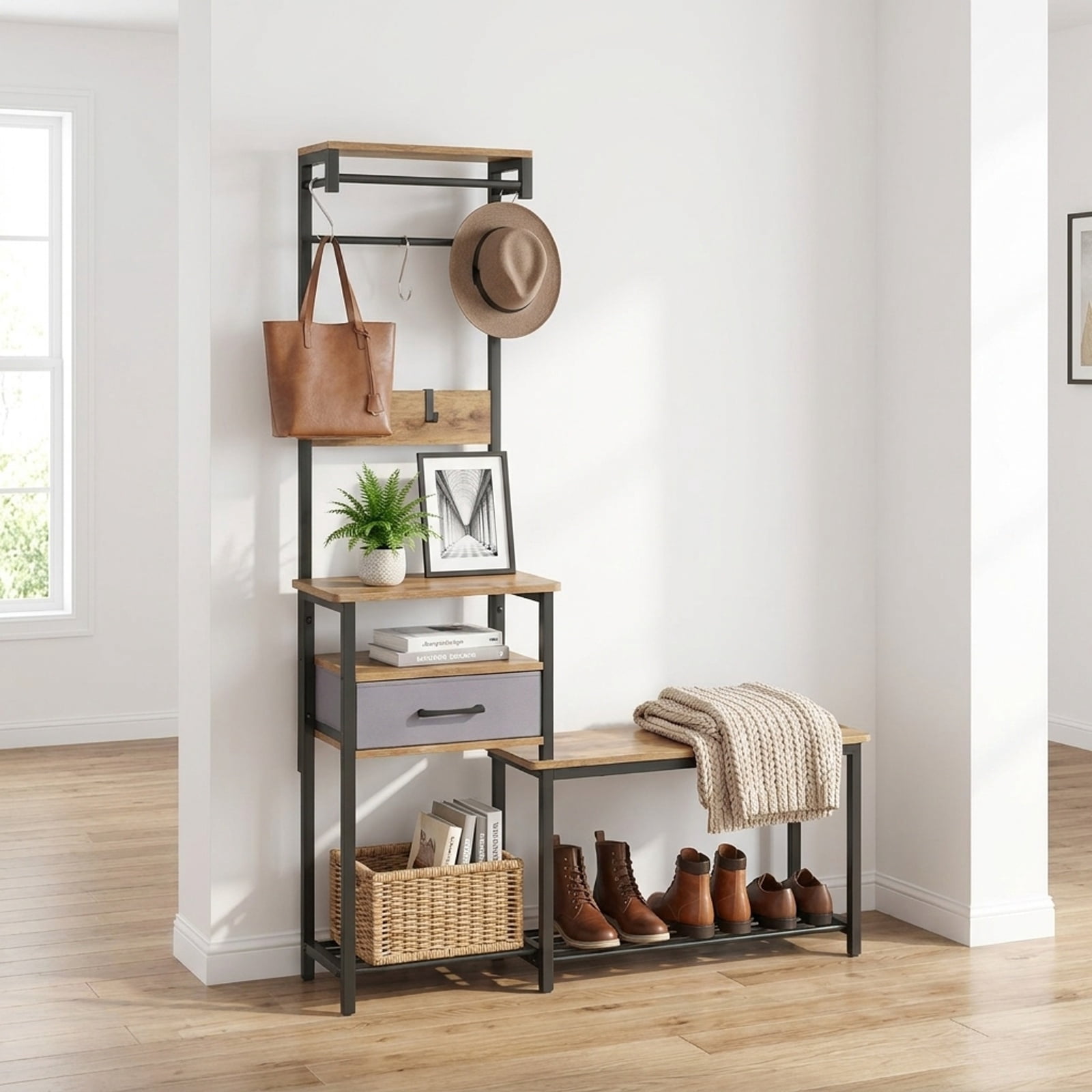 Furnibear 7 in 1 Slim Hall Tree with Shoe Bench and Hooks and Removable Fabric Drawer for Narrow Entryway and Hallway, Rustic Brown