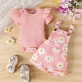 thumbnail image 4 of MEZZALL Baby Girls Solid Color Ribbed Bodysuit With Floral Print Overalls Outfits Sets For 0 18 Months Summer Outdoor Play 6-12 Months Stylish Baby Wear, 4 of 9