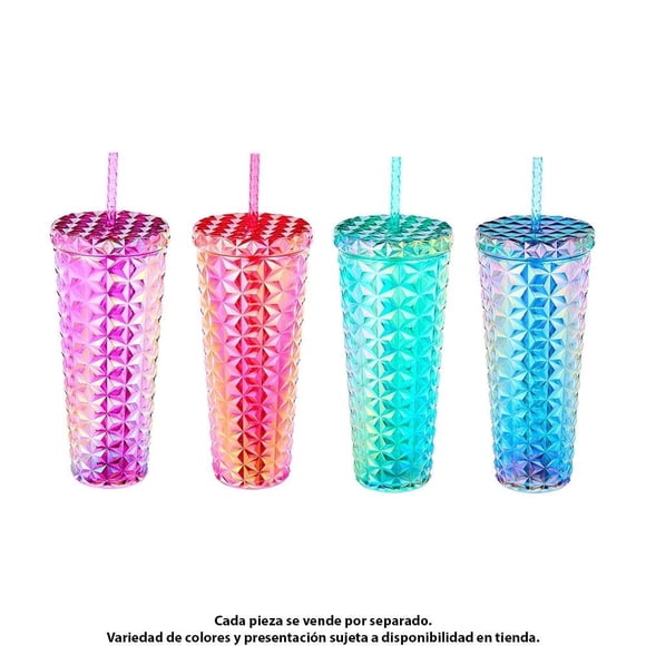 Vaso Way to Celebrate Tachonado de Plástico con Efecto Iridiscente con Tapa y Popote para Bebidas Frías