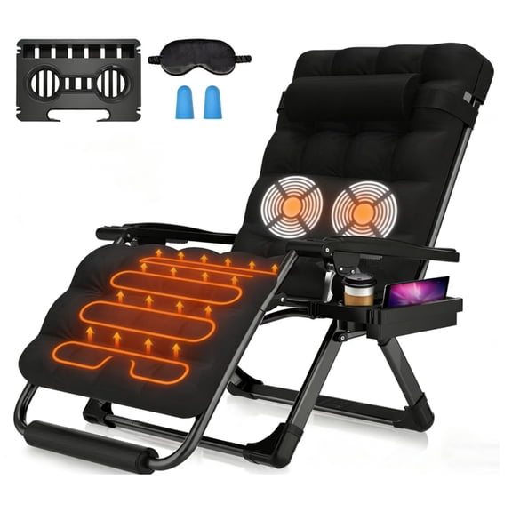 Oswerpon Oversized XL Heated Massage Padded Zero Gravity Lounge Chair, 500-Lb Folding Recliner with Upgraded Lock, Cup Holder, Removable Cushion, Pillow and Footrest for Patio and Office, Black