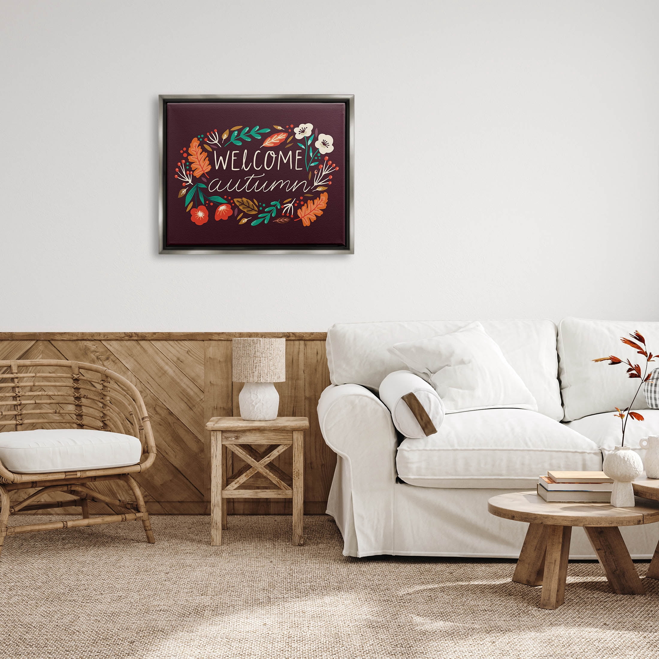 Welcome Autumn Fall Botanicals Holiday Graphic Art Luster Gray Framed Art Print Wall Art