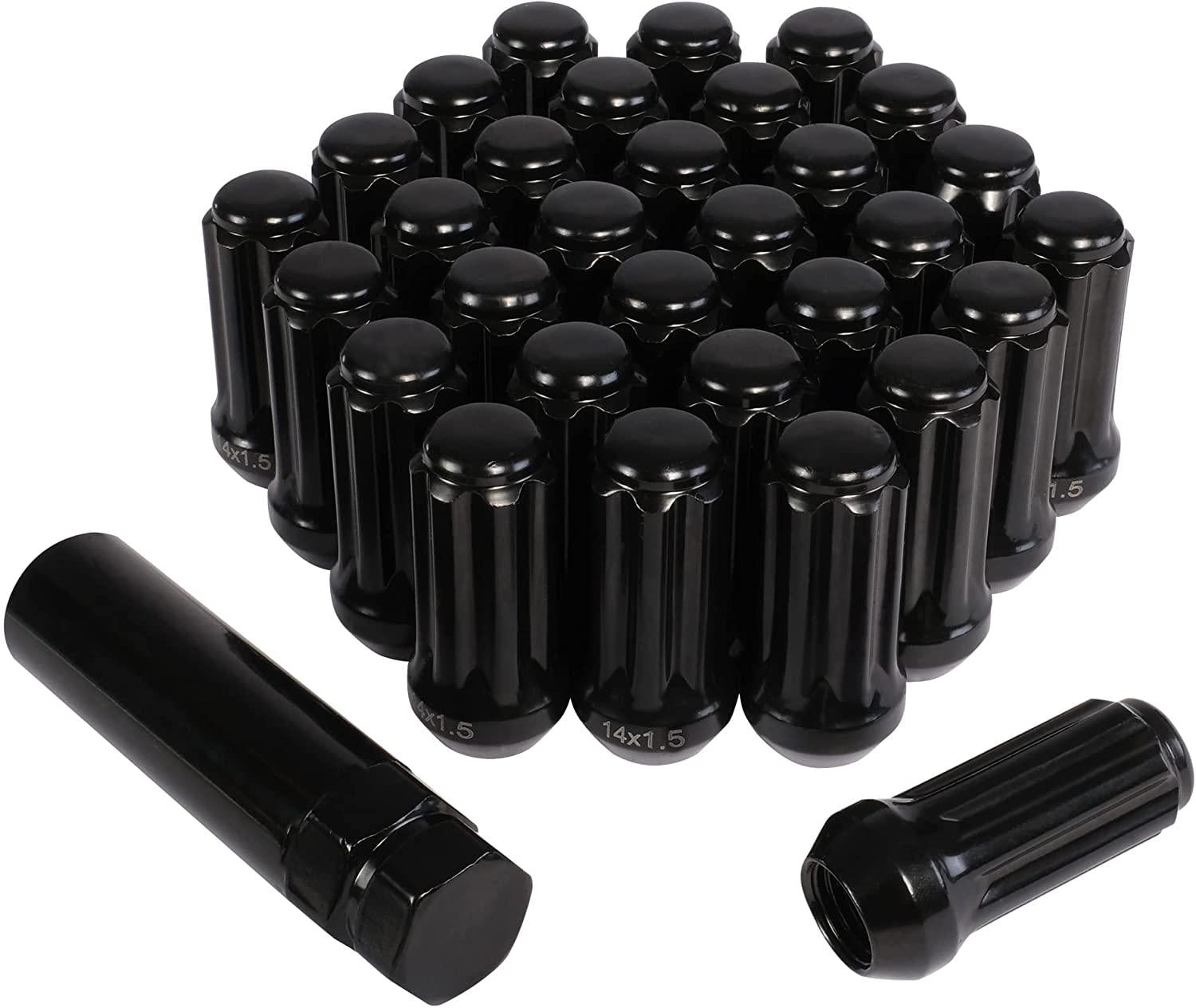 32 Black M14 x 1.5 Lug Nuts with 1 Socket Key, 2" Long/7 Spline with Cone Seat, Fits 8 Lug