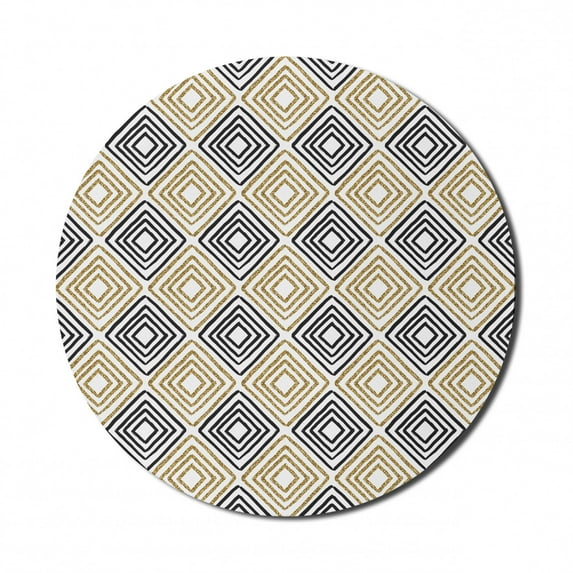 Modern Mouse Pad for Computers, Nested Square Shaped Lines with Minimalist Simple Design Geometric Print, Round Non-Slip Thick Rubber Modern Mousepad, 8" Round, Black White Yellow, by Ambesonne