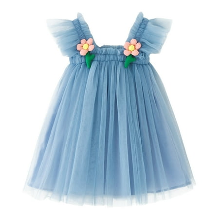 

OJinShaWanO Summer Floral Dress Short Toddler Girls Fly Sleeve Floral Tulle Holiday Party Dress Dance Party Princess Dresses Clothes Blue Cotton Blend 18-24 Months