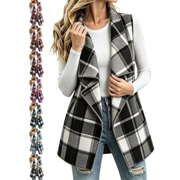 Plaid Cardigan Vests for Women Casual Large Lapel Sleeveless Open Front Oversized Loose Fit Vest