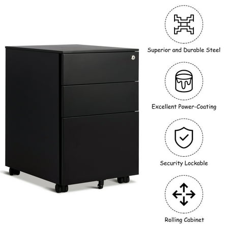 Costway 3 Drawer Filing Cabinet Locking Pedestal Under Desk Home