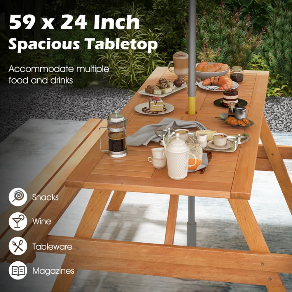 Aimee Lii 6 Person Picnic Table Set Patio Rectangle with 2 Built-in Benches and Umbrella Hole, Patio Park Yard Outdoor Furniture Aimee Lii 6 Person Picnic Table Set Patio Rectangle with 2 Built-in Benches and Umbrella Hole, Patio Park Yard Outdoor Furniture