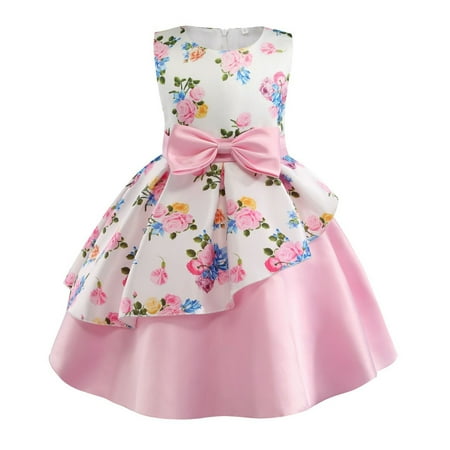 

YongANs Fashion Casual Girl Dress Child Girls Sleeveless Pageant Dress Birthday Party Kids Floral Prints Bowknot Gown Princess Dress