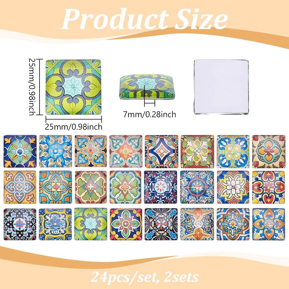 PH 1 Inch Square Mosaic Cabochons 48pcs Glass Cabochon Tiles Mosaic Printed Glass Dome Cabochons Flower Pattern Mosaic Tiles Supplies for Photo Cameo Pendant Crafts Jewelry Making Colorful DIY