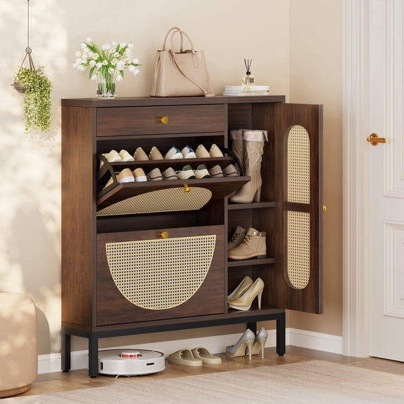 Biemlerfn Narrow Shoe Cabinet with Side Storage for Tall-Boot, Rattan Shoe Organizer for Entryway, Living Room, Hallway