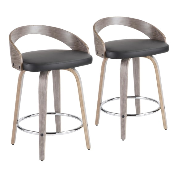 Grotto Mid-Century Modern Counter Stool with Light Grey Wood and Black Faux Leather by LumiSource - Set of 2