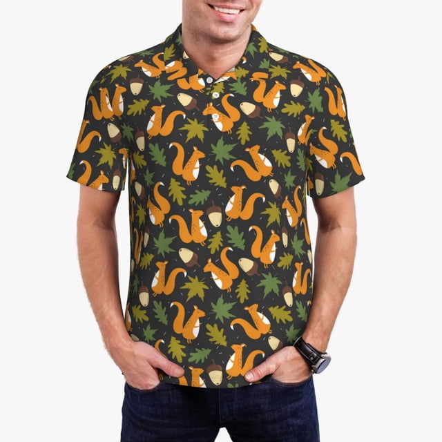 Balery Forest Squirrel Camisa Polo de Hombre con Estampado, de Manga Corta y Tejido Medio, Camisa Tipo Golf Polo-Small