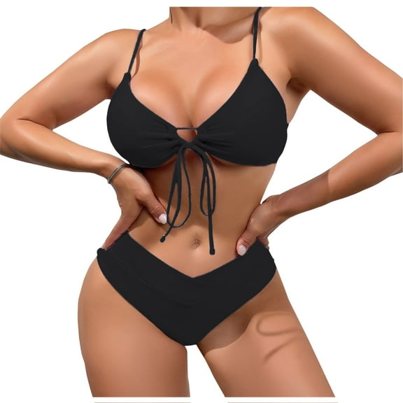 Lopeceal Bikini Set for Women Tie Front Triangle Bathing Suits, Solid V Neck Two Piece Swimsuits High Waisted V Cut Bottom