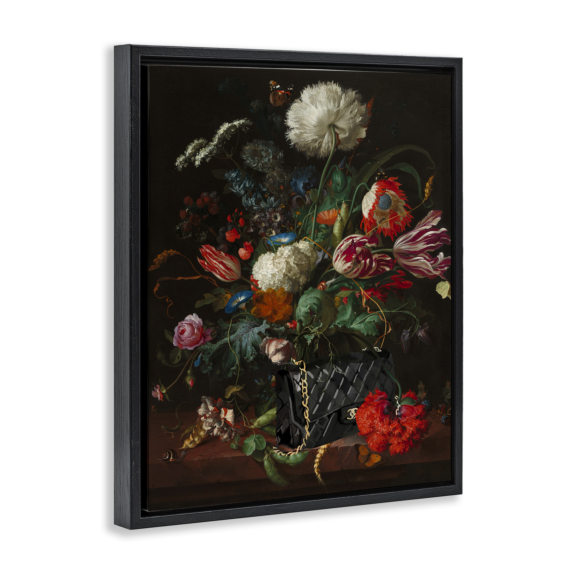 Stupell Industries Vintage Bouquet with Purse Botanical & Floral Painting Black Floater Framed Art Print Wall Art, 17 x 21