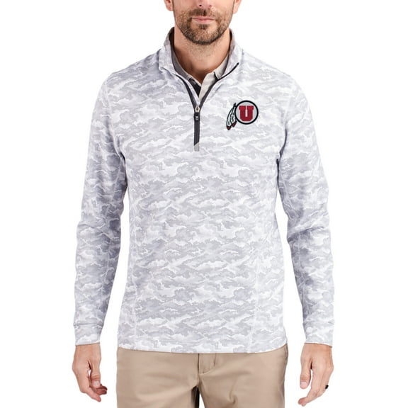 Men's-Cutter & Buck  Gray Utah Utes Traverse Stretch Eco Camo DryTec Tri-Blend Quarter-Zip Pullover