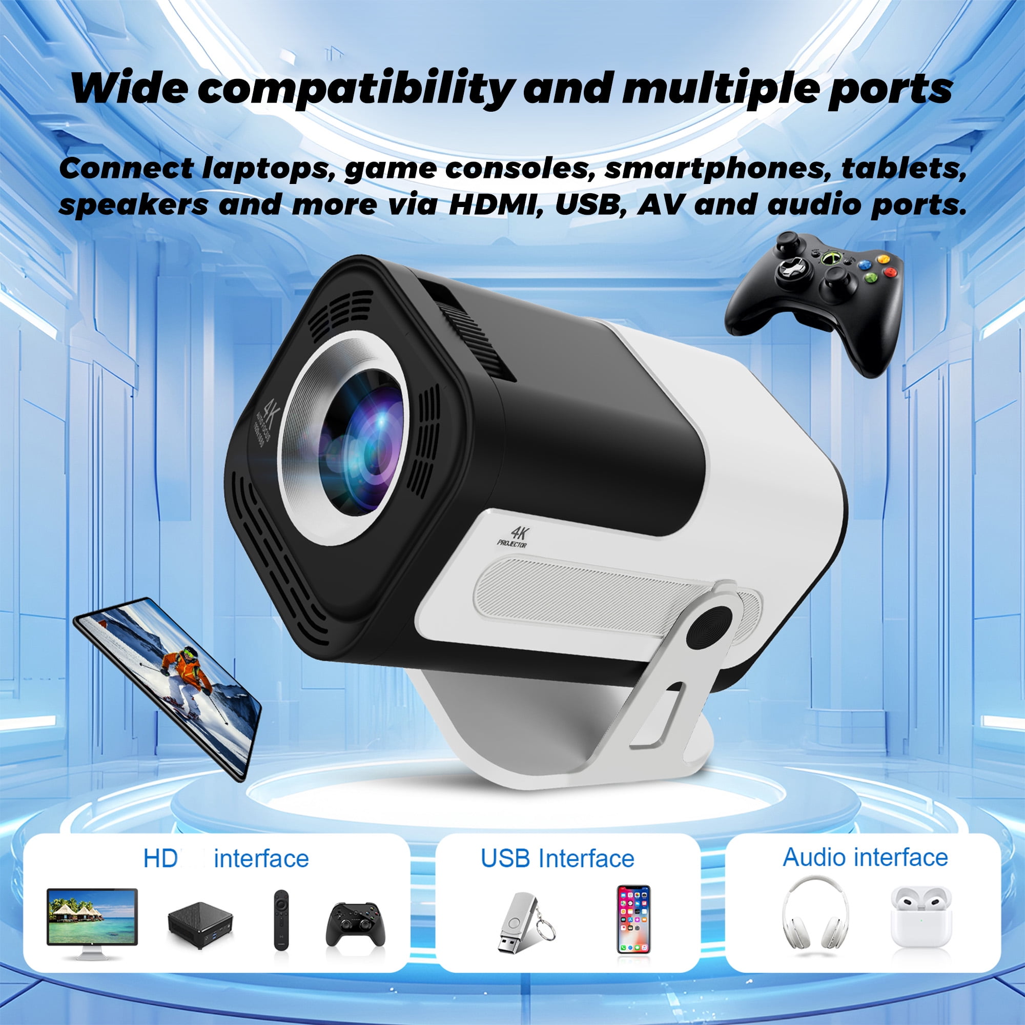 BDQ Mini Portable Projector, Support 4K 1080P with Dual-Band WIFI6 5G Wireless 5.0 Bluetooth Android 13, 180° Rotatable, Auto Keystone Correction, 35"-130" Screen Video Projector