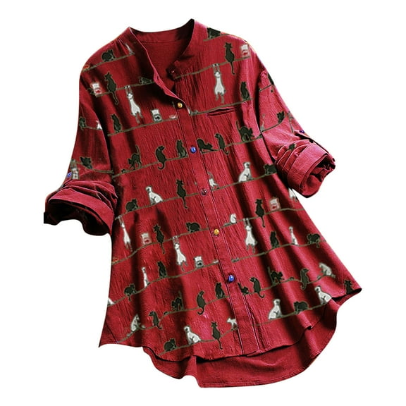 Womens Plus Size Clearance $5,Women Casual Cat Print Long Sleeve O-Neck Button Loose Shirt Top Blouse