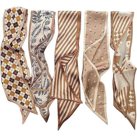 5PCS Purse Scarf Set, Silk Scarf for Women, Fashion Scarves for Handbags, Lightweight Boho Headbands and Stylish Hair Accessories