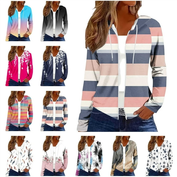 QATAINLAV Womens Cute Full Zip Hoodies Jackets Fashion Graphic Print Sweatshirts Long Sleeve Drawstring Hooded Outerwear, White, S