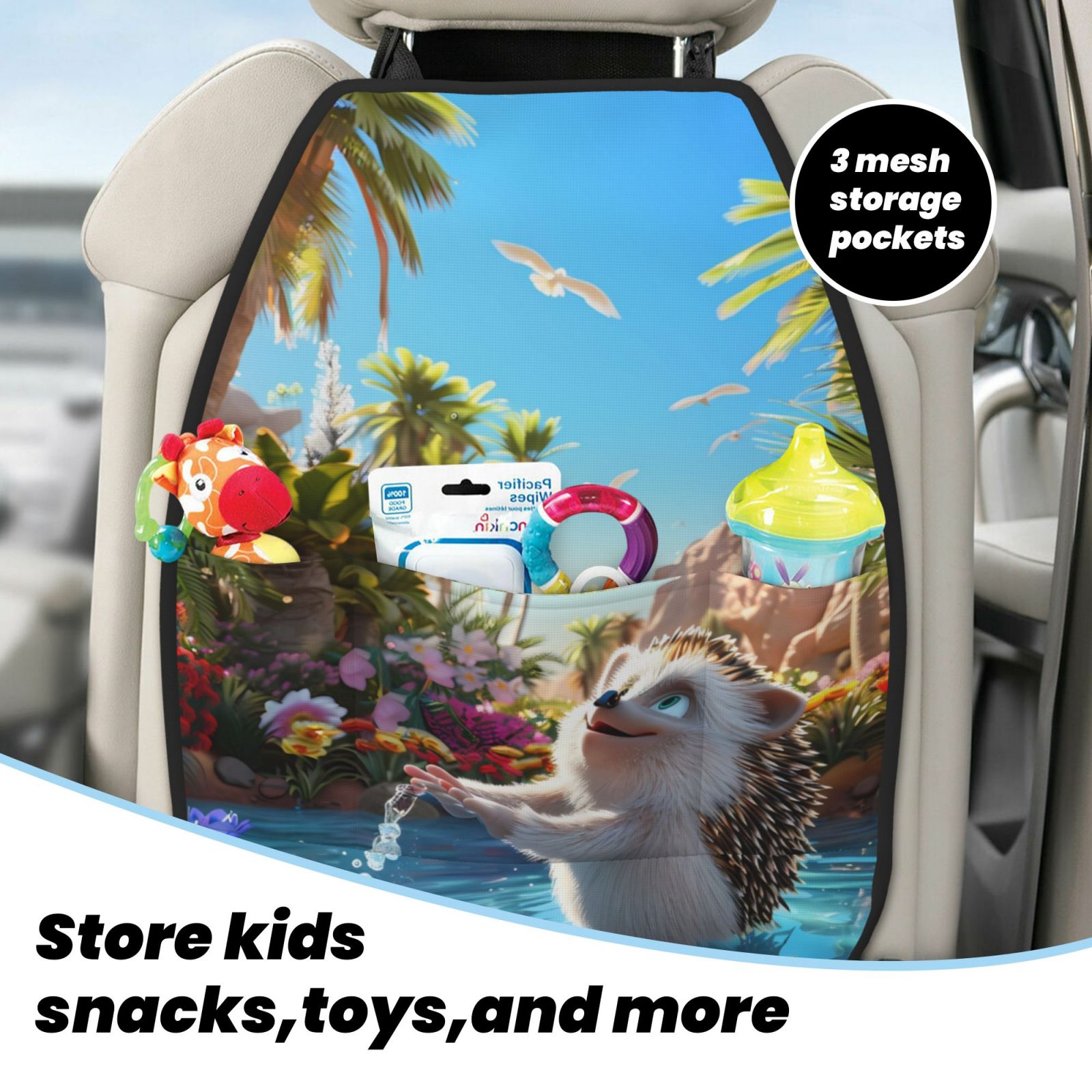 Xecao Playful Hedgehog Forest Pond Pattern Car Seat Back Protector 2 Pack Large Capacity Pocket, Kick Mats Back Seat Protector