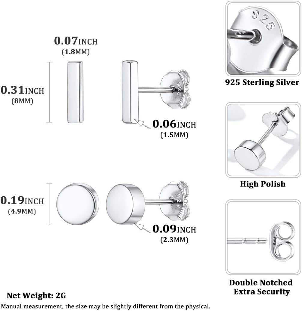 ChicSilver 2 Pairs 925 Sterling Silver Bar Stud Earrings for Women Cute Dot Stud Earring Set Hypoallergenic Small Round Earring Studs Set for Sensitive Ears