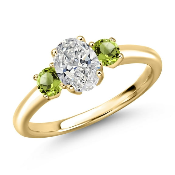 Gem Stone King 10K Yellow Gold DEF Lab Grown Diamond and Green Peridot Engagement Ring for Women | 1.11 Cttw | Oval 7X5MM | Gemstone April Birthstone | Size 7