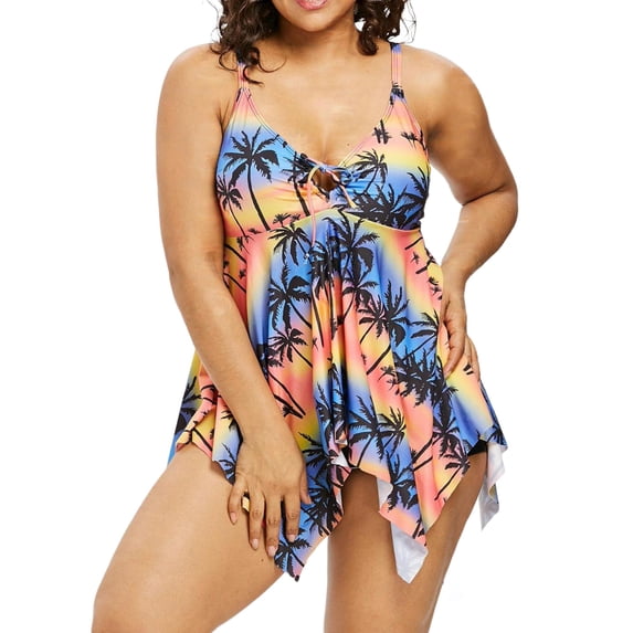WISEFIN Women Plus Size Irregular Hem Printed Padded Swimdress 2 Piece Swing Swimsuits L-5XL