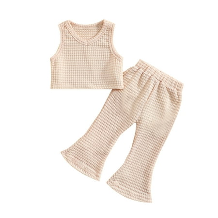 

Sunisery Kids Toddler Girls 2Pcs Clothes Outfits Sleeveless Waffle Textured Vest + Elastic Waist Flare Pants Clothes Beige 3-4 Years