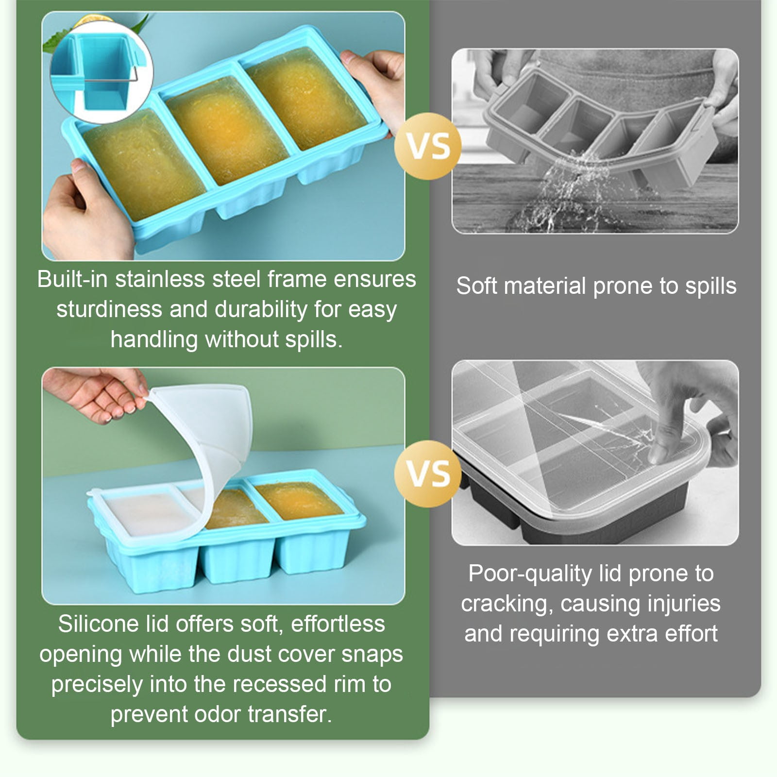Black Silic 1Pcs Ice Cube Tray with Lid,Silic 1Pcs Freezer Tray with Lid,Three-Piece Set,Suitable for Storing and Freezing Meals,Soups,Etc