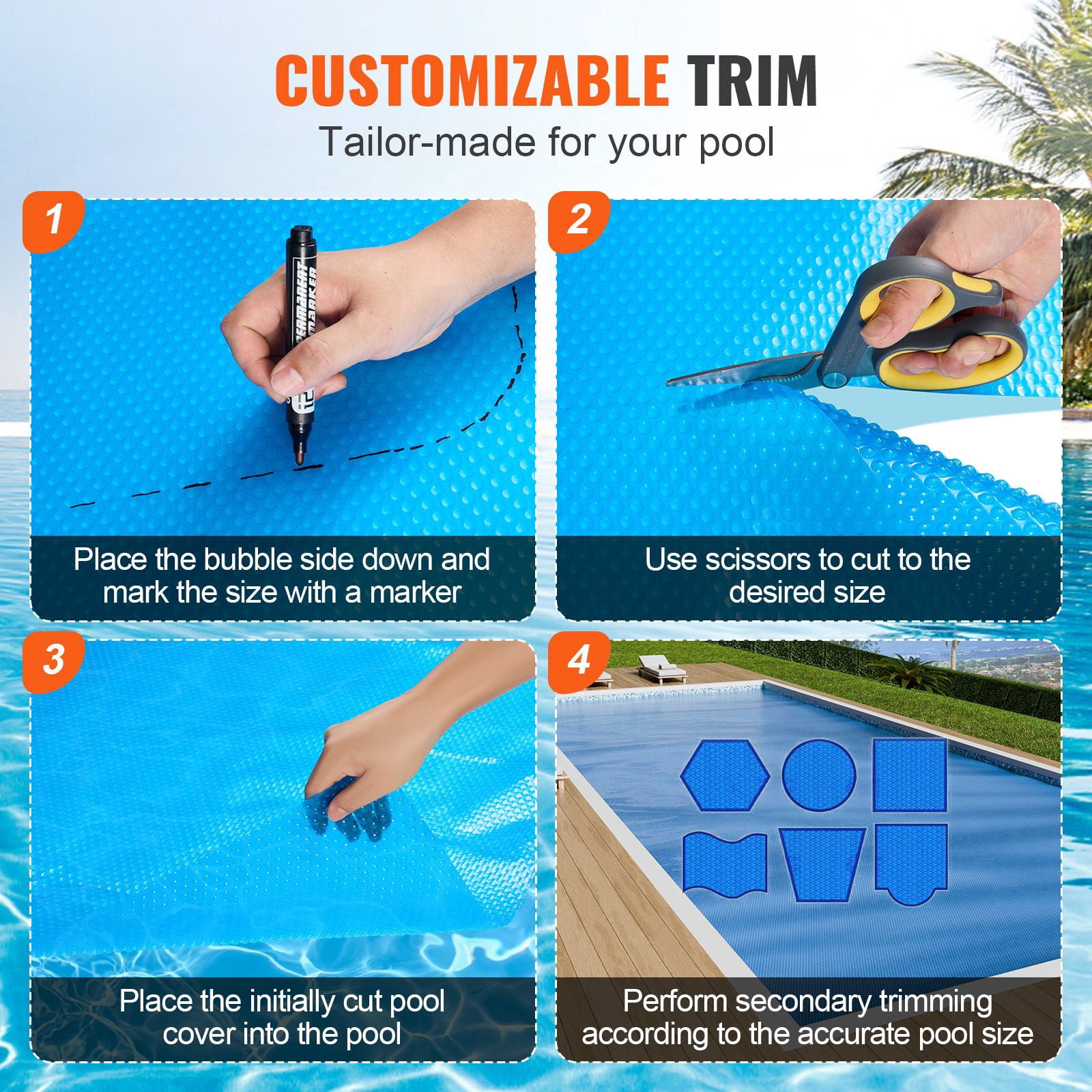 Solar Pool Cover, 32 x 16 ft Rectangle Solar Blanket for Pools, Inground Above Ground Swimming Pool Solar Cover, 16 mil Solar Covers, Blue