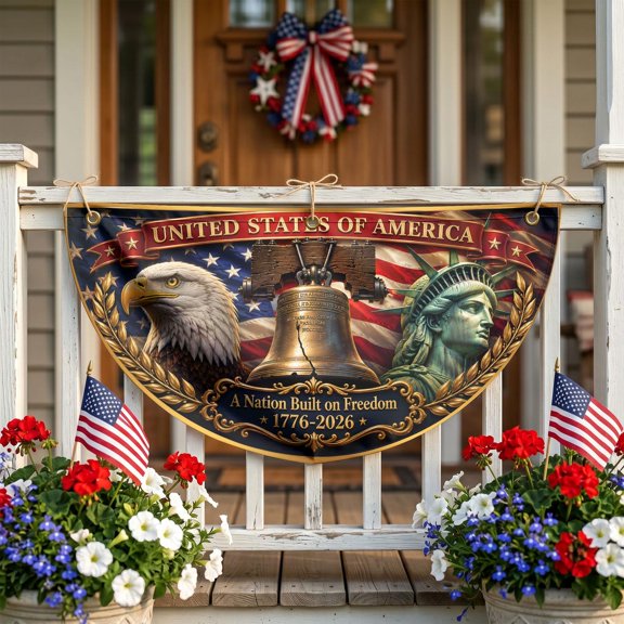 A Nation Built On Freedom Bunting Banner, United States Of America Non Pleated Semicircle Flag, Eagle Bell Liberty Outdoor Porch Decor