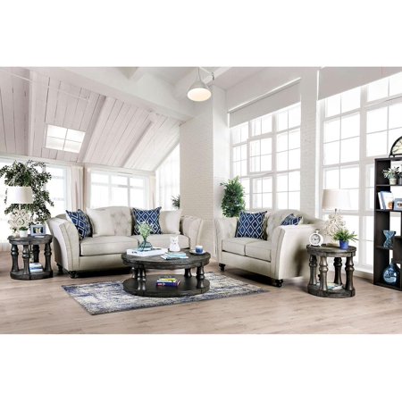 Transitional Ivory Linen-like Fabric Sofa and Loveseat FOA Porth