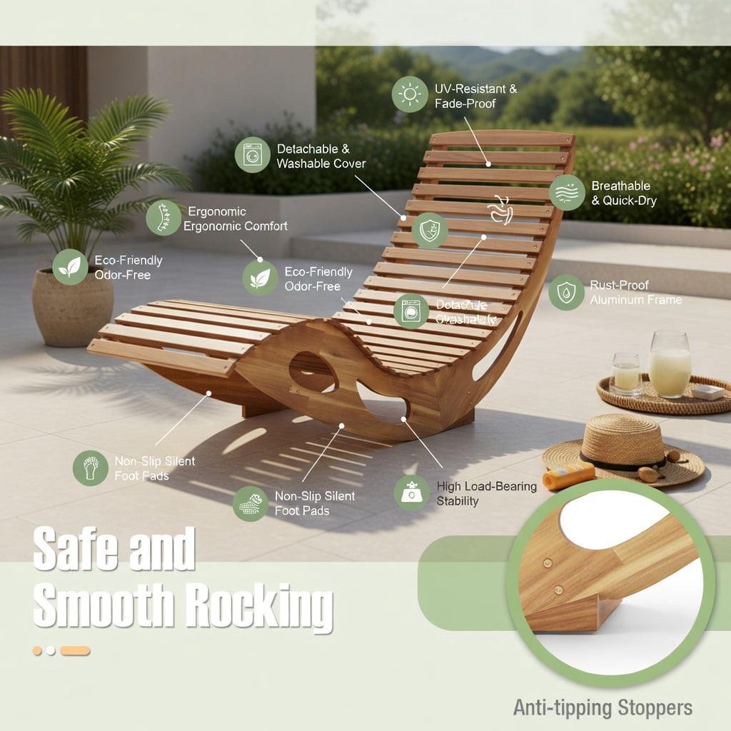 Hommoo Acacia Wood Rocking Chaise Lounge Chair, Ergonomic Curved Seat, Breathable Slatted Design, Outdoor Sun Lounger for Patio, Poolside & Backyard, Natural