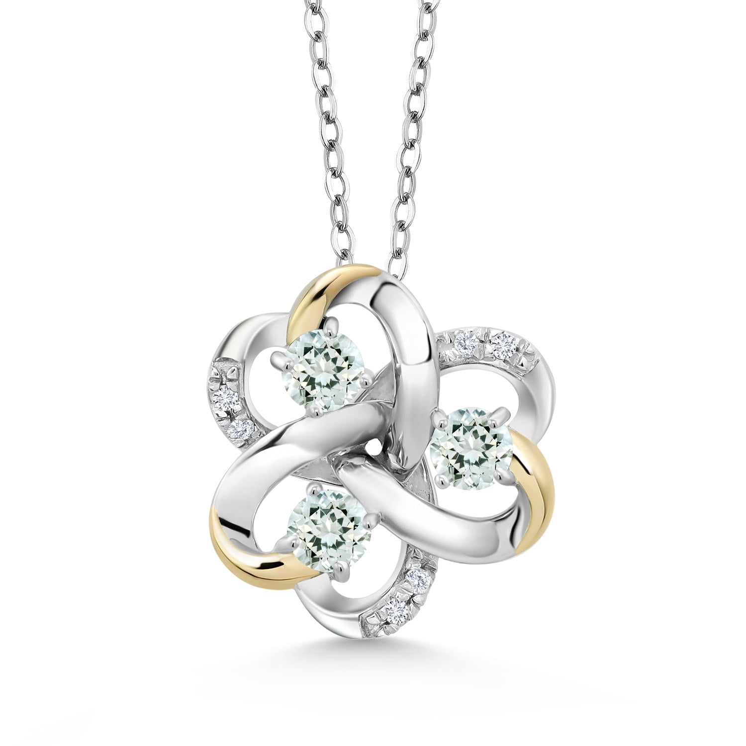 Gem Stone King 925 Silver and 10K Yellow Gold Round Sky Blue Aquamarine and White Lab Grown Diamond 3-Stone Pendant Necklace for Women (0.80 Cttw, Gemstone March Birthstone, with 18 inch Chain)