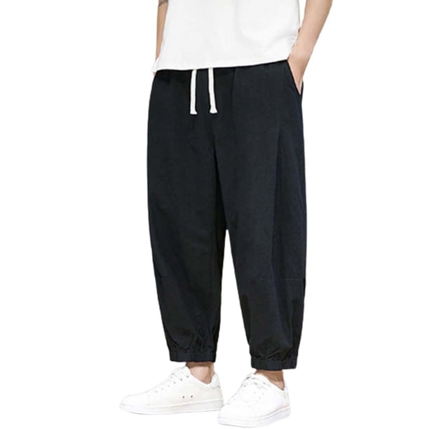 Pantalones informales de verano de algodón rectos y holgados para hombre - Transpirables, color liso, cintura elástica - Para el día a día/trabajo