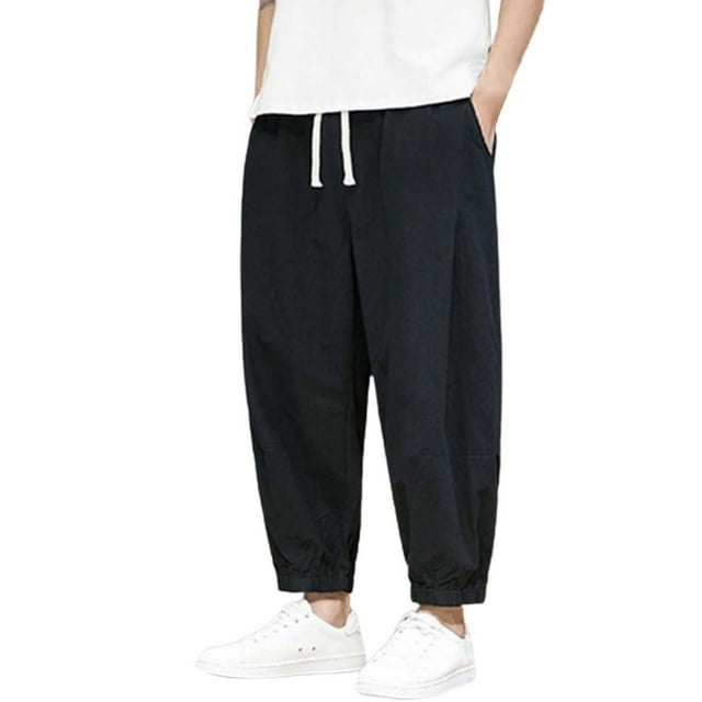 Mens Loose Straight Cotton Summer Casual Pants - Breathable, Solid Color, Elastic Waist - Daily/Work