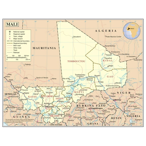 Palmetto Posters 24x31 Laminated Poster: Large detailed political and administrative map of mali with roads railroads cities and airports