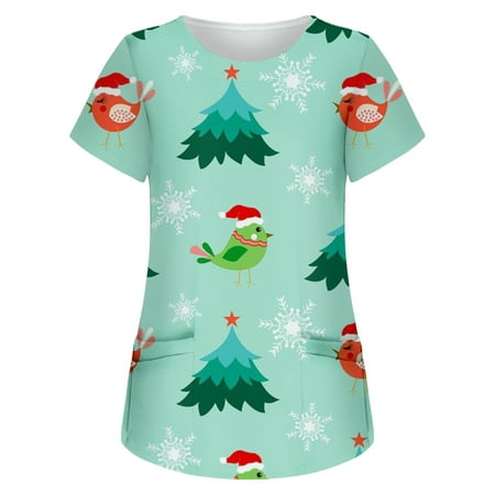 

Gallickan Scrub Top for Women Stretch Women Short Sleeve Tops Working Uniform Christmas Printed Pocket Blouse Fashion Deals under $15
