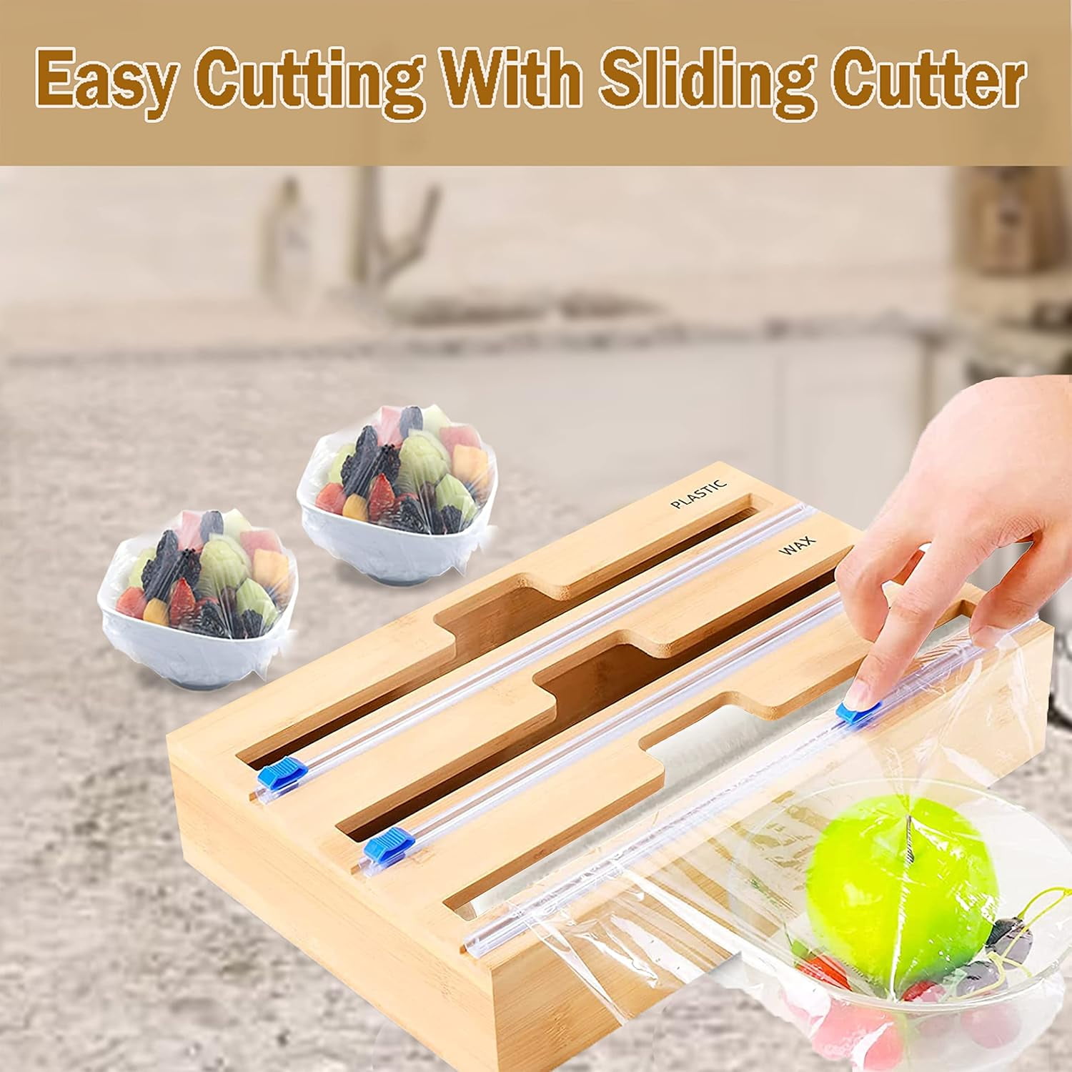 Foil and Plastic Wrap Organizer with Kitchen Wall Aluminum Foil Holder, 3 in 1 Cling Plastic Wrap Dispenser with Cutter and Labels, Bamboo Kitchen Wrap Organizer for Food Storage Drawer Organization