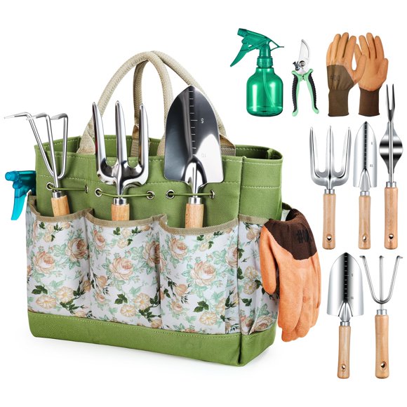 Grenebo Outils de Jardinage Ensemble de 9 Pcs Outils à Main de Jardinage Robustes avec Sac à Main Organisateur d'Outils de Jardin Tendance et Durable, Ensemble d'Outils de Jardin Antirouille, Cadeaux de Jardinage Idéaux pour Femmes