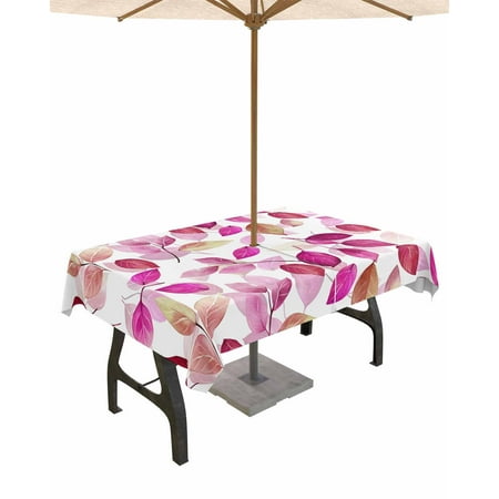 

Outdoor Tablecloth with Umbrella Hole & Zipper Red Pink Leaves Rectangle Tablecloth 60x84 Inch Summer Botanical Pastoral Plants Patio Table Cover Waterproof Table Cloth for Picnic/Party