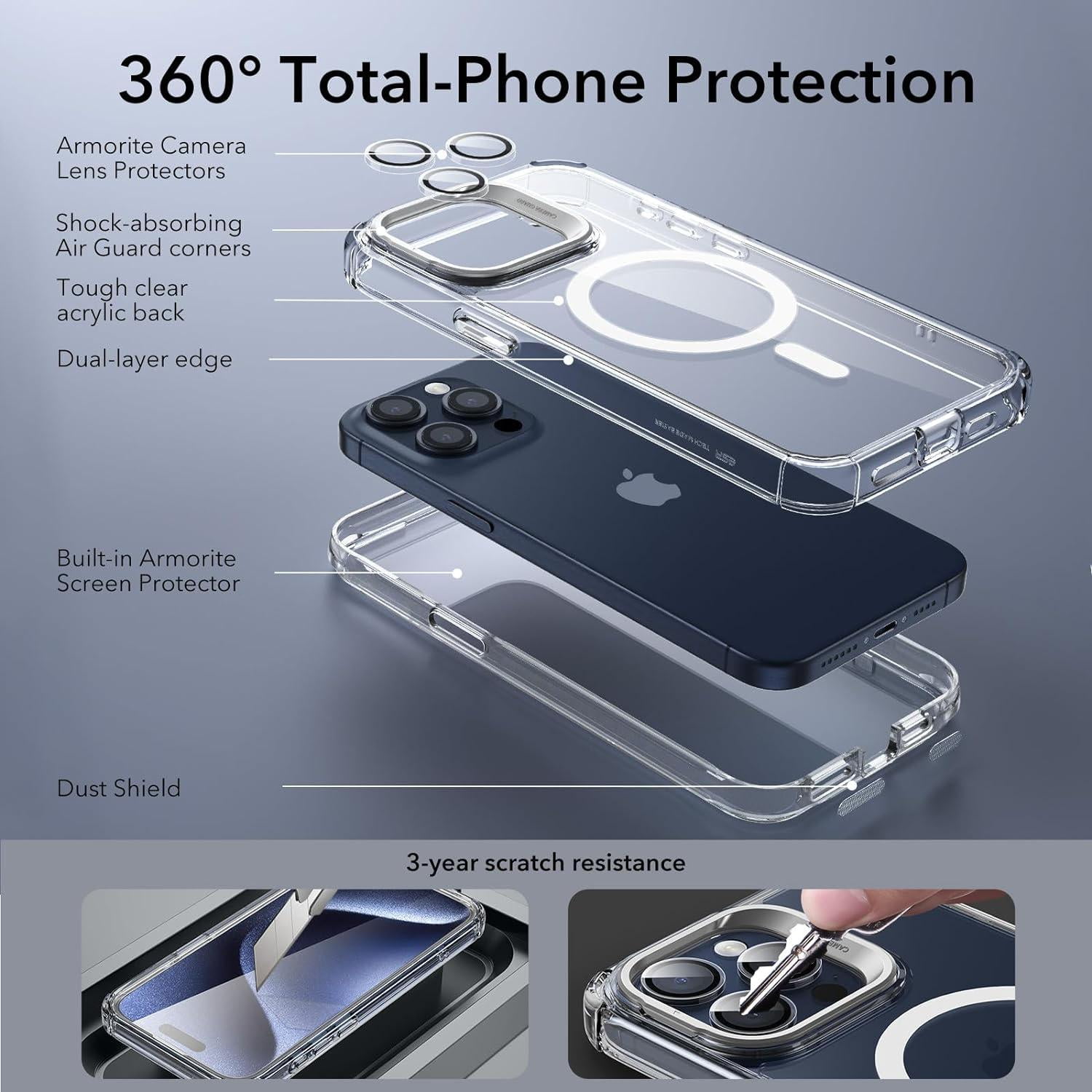 ESR for iPhone 15 Pro Max Case, 2-Part Tough Full-Body Shockproof MagSafe Stash Stand (HaloLock), Exceeds Military-Grade Protection, Clear