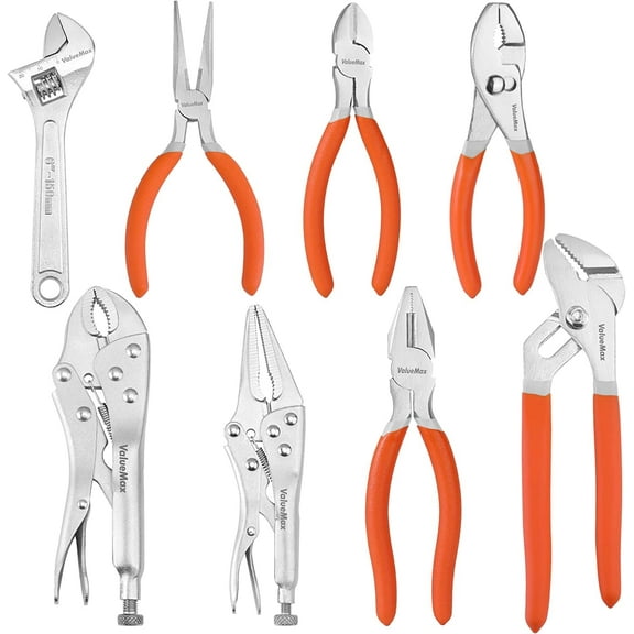 ValueMax 8-Piece Pliers and Wrench Set, Includes Linesman, Locking, Needle Nose, Groove Joint, Slip Joint, Diagonal Pliers, Adjustable Wrench, Dipped Handle