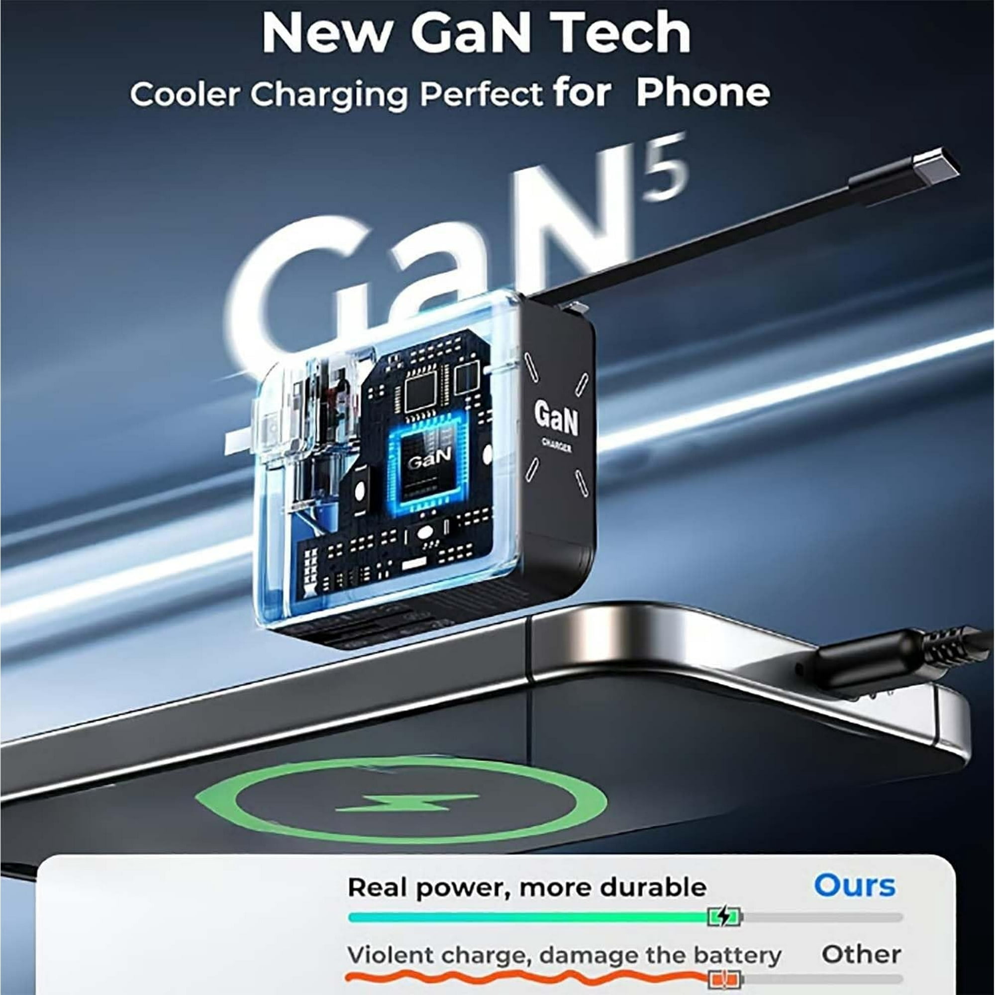 2-in-1 GaN Fast Type-C&IOS Charger, W&o Gan Charger Compatible with 120w Fast Charger, All in One Foldable Plug for Phone, Retractable Wall, Fast Charging Power Adapter for Smartphone, GN