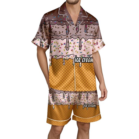 Yuncity Mens Pajamas 2 Piece Long Sleeve Ice Cream Button Down Shirt With Shorts Set Silk Satin Sleepwear Loungewear Soft Comfortable Breathable Pjs S-Xxxl