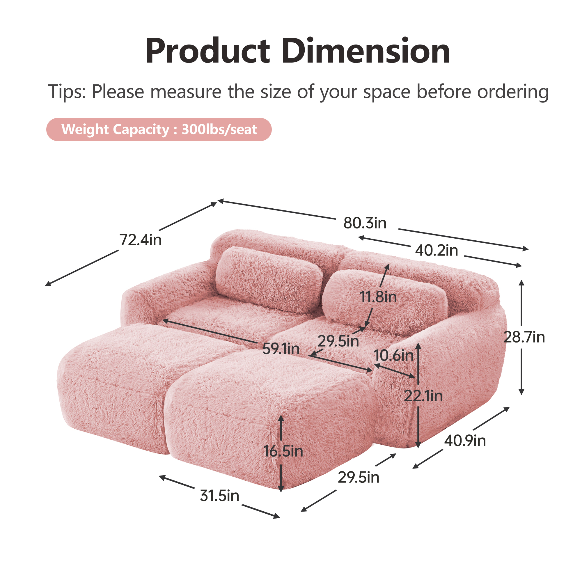 Aukfa 80" Faux Fur Modular Sectional Sofa with 2 Ottomans, Deep Seat Boneless Couch for Living Room, Pink